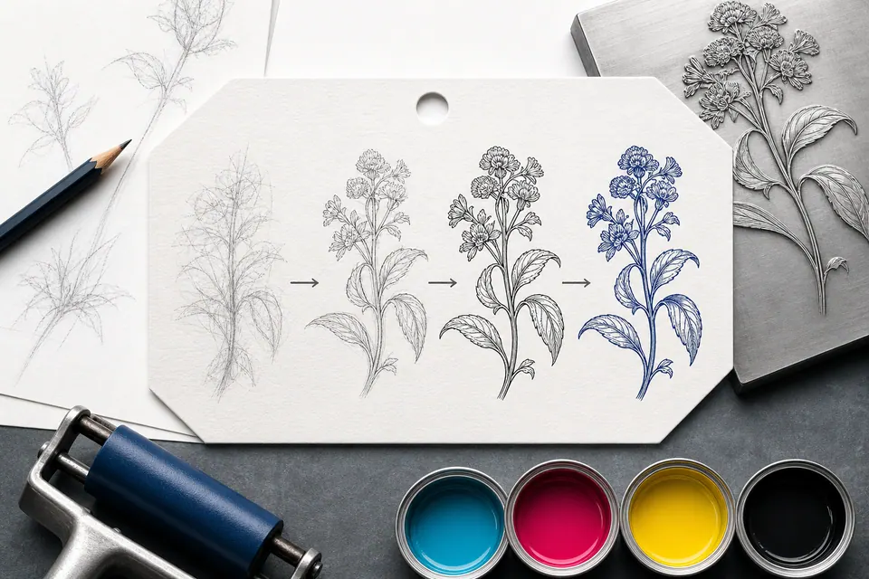 适用于标签印刷的植物线描插画