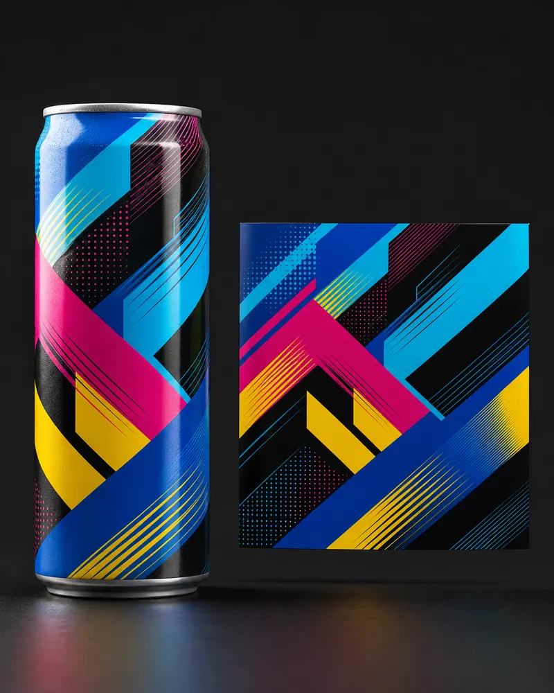 使用蓝色和 CMYK 图形的精酿啤酒罐